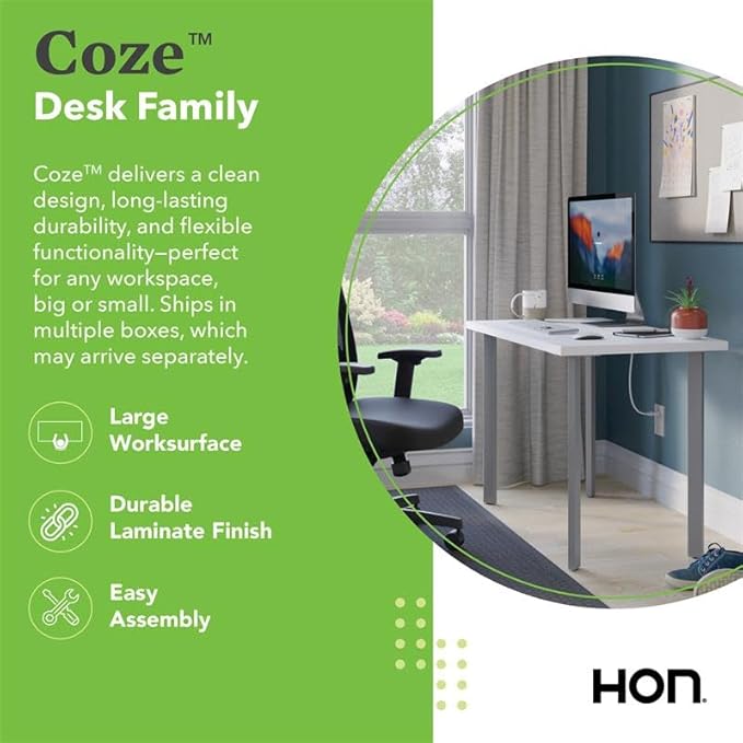 HON Coze Home Office Desks, Sturdy Table Computer Desk, 42", White Top, Black Base