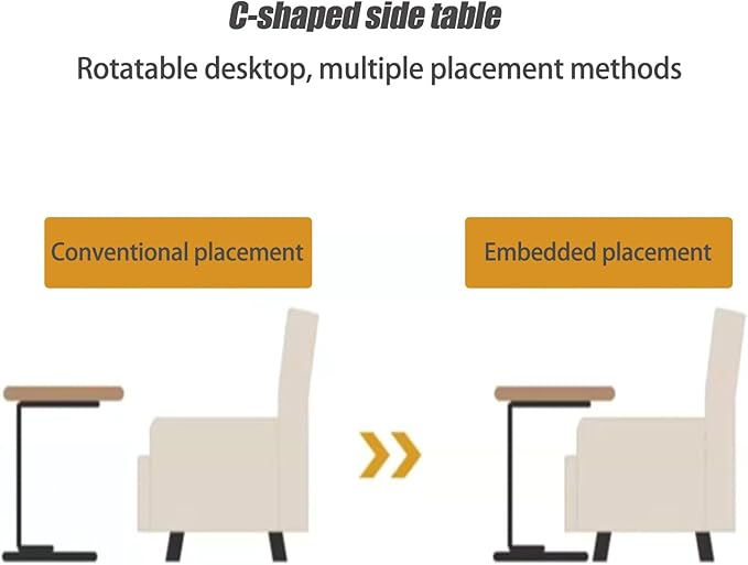 Pedestal C-Shaped Adjustable Small End Tables for Small Spaces Side Table,Desktop can Turn 360° and The Height of The Sofa Side Table can be Adjusted(Black Desktop + Black Bottom)