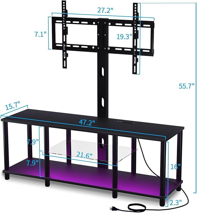 TV Stand with Mount and Led Light,Black TV Stand with Power Outlets for 32/40/43/50/55/60/65/70 Inch TV,Entertainment Center with Open Storage Shelf for Bedroom/Living Room/Office