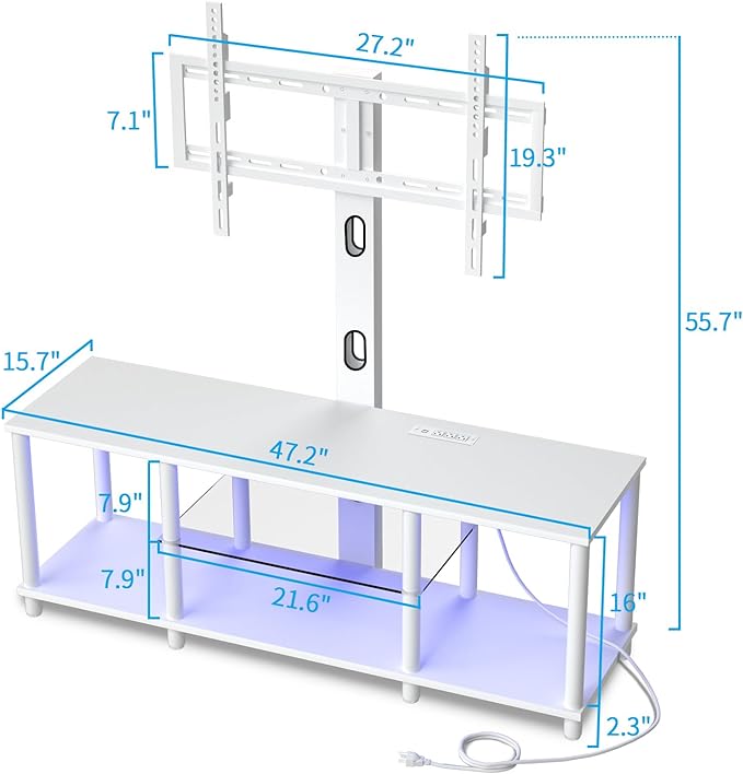 TV Stand with Mount and Led Light,White TV Stand with Power Outlets for 32/40/43/50/55/60/65/70 Inch TV,Entertainment Center with Open Storage Shelf for Bedroom/Living Room/Office