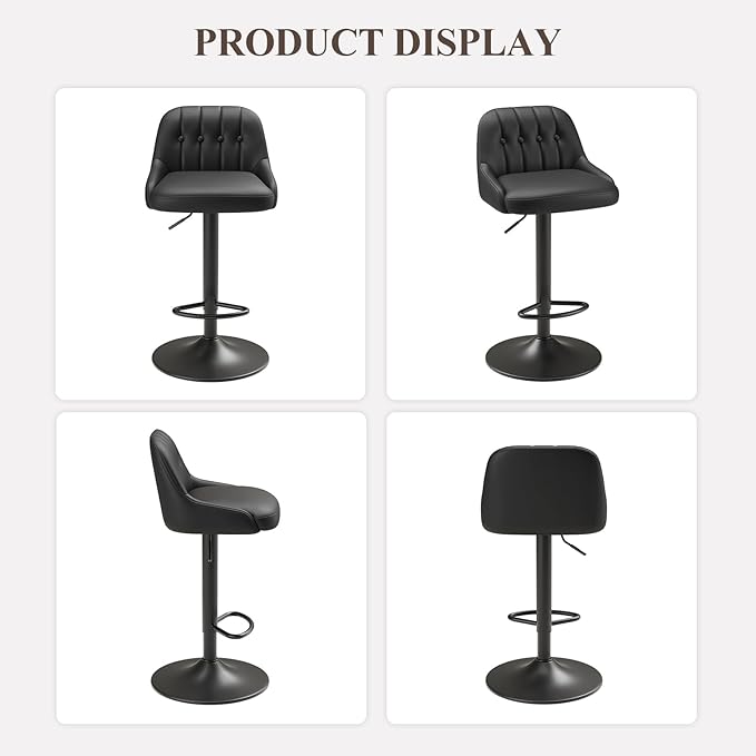 Bar Stools Set of 6, Swivel Bar Chairs, Modern Adjustable PU Leather Upholstered Barstools Counter Height with Tufted Back for Bar, Kitchen Counter Island, Dining Room, Black