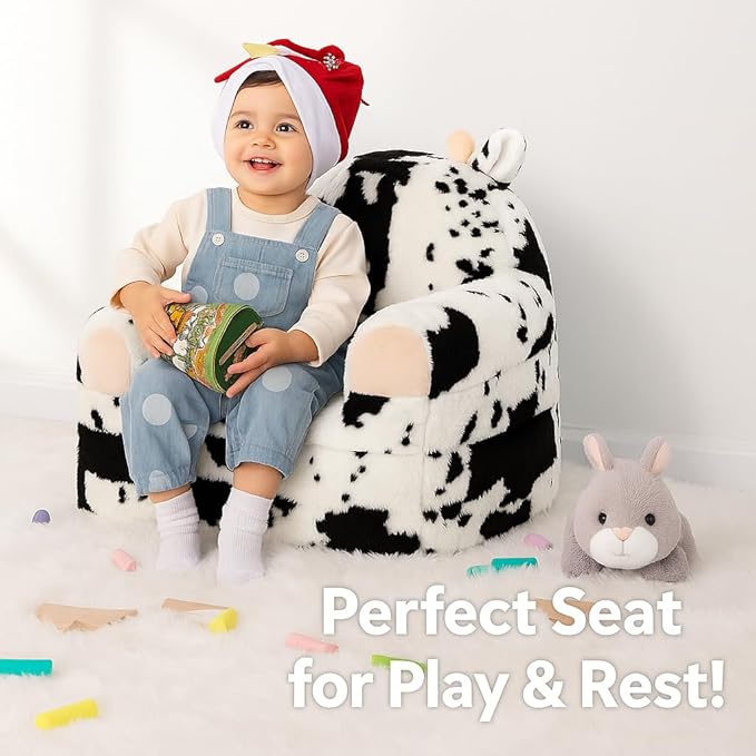 Toddler Chair with Faux Rabbit Fur – 2-in-1 Foldable Kids Couch, Soft Sofa for Reading, Napping, Bedroom or Playroom Use, 18 Months+ (Cow)