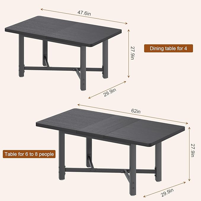 Dining Table for 4-6,62“Extendable Round Kitchen Dining Room Table, Space Saving Rectangle Large Expandable Wood Dinner Furniture for Small Space(47-62In*28In*30In) (Grey)