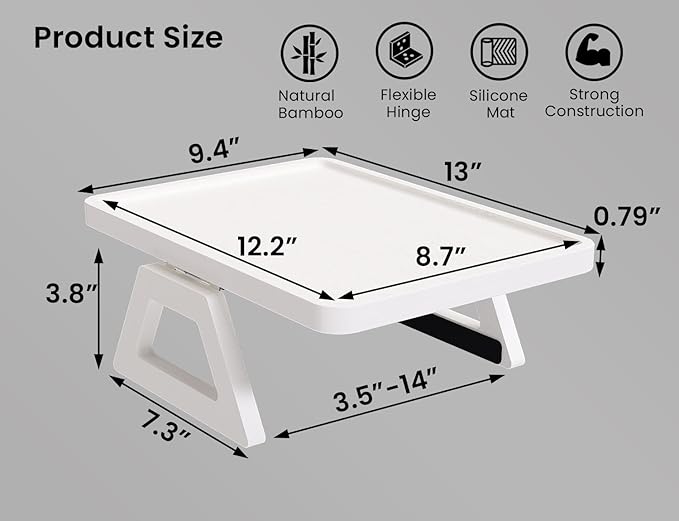 2 Pack Couch Arm Tray,Bamboo Folding Sofa Tray,Sofa Armrest Trays Clip-On Couch Desk for Drinks,Snacks,Phone,Remote Control(White)