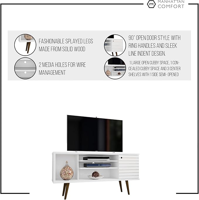 Manhattan Comfort Liberty Mid Century Modern TV Stand for Televisions up to 50 Inches, Bedroom and Living Room Entertainment Center with Storage, Shelves, and Cabinet, 53" Wide, White/Yellow
