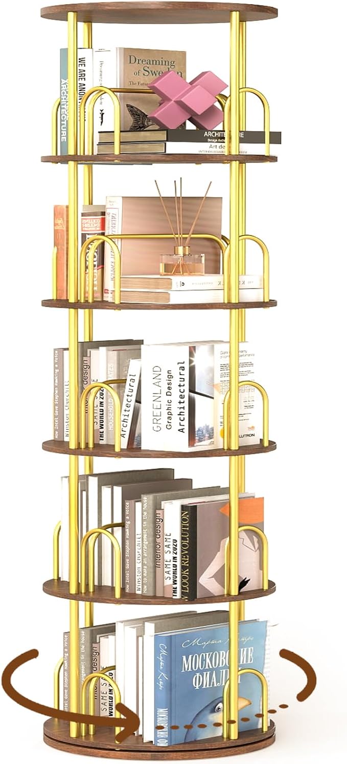 5-Tier Rotating Bookshelf, 360ยฐ Round Spinning Book Shelf Tower, Tall Skinny Wood & Metal Bookshelf for Corner/Office/Home, Modern Industrial Vintage Style