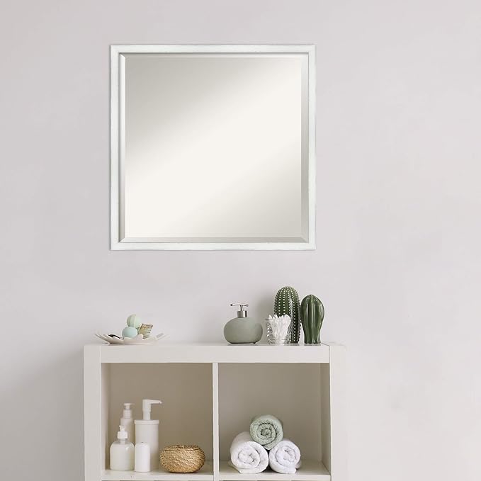 Amanti Art White Bathroom Mirror for Over Sink, 21x21 Breeze Distressed White Square Vanity Mirror, Medium Country Rustic Wood Frame, Hangs Horizonally and Vertically, Bathroom Wall Decor, Beveled