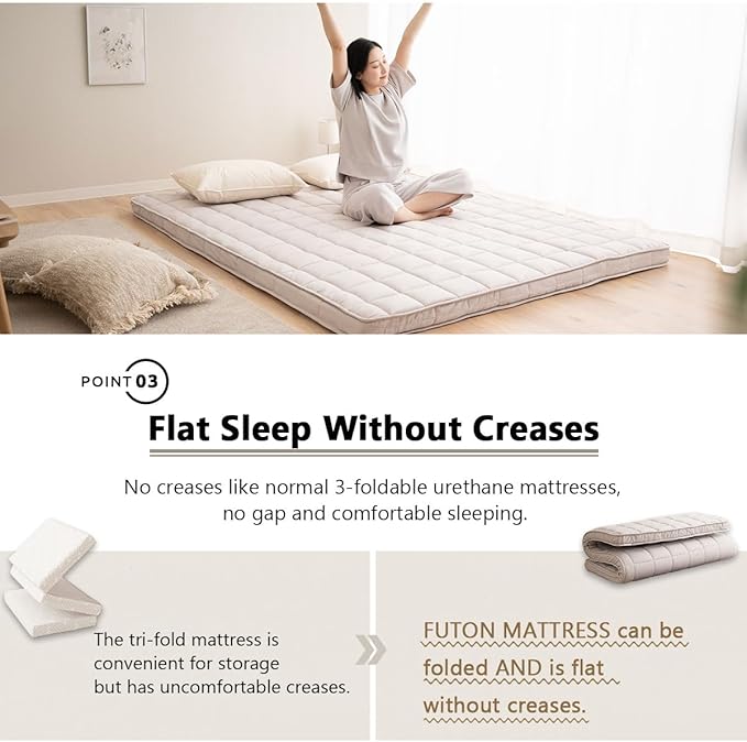 EMOOR Japanese Padded Futon Mattress Machi Full Gray, Gusset Foldable Storable Elastic Bands Floor Sleeping Guest Bed Tatami Mat