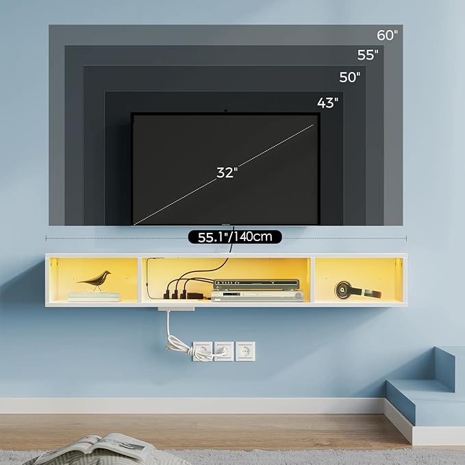 Rolanstar TV Stand with Power Outlet, Floating TV Stand with RGB Lights, 55.1" Wall Mounted TV Shelf, White Media Console with Storage Shelf, Entertainment Under TV for Living Room, Bedroom