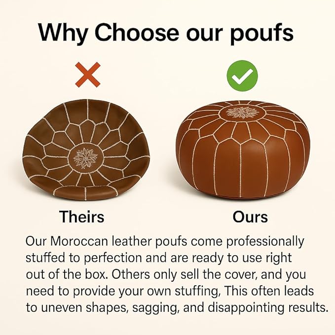 Stuffed Round Design Moroccan Leather Pouf Ottoman, Handmade, Pre-Filled, 100% Genuine Leather, 13” Height x 20” Diameter, Footstool & Living Room Décor (Red)