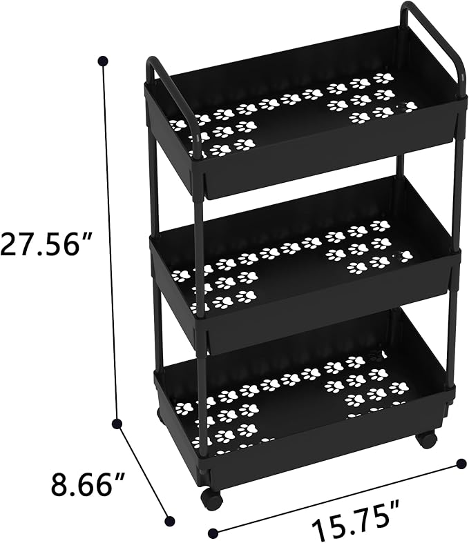 3-Tier Storage Cart,Shelf Organizer Mobile Shelving ,Utility Rolling Cart,Multifunction Movable Storage Organizer with Lockable Wheels,Black