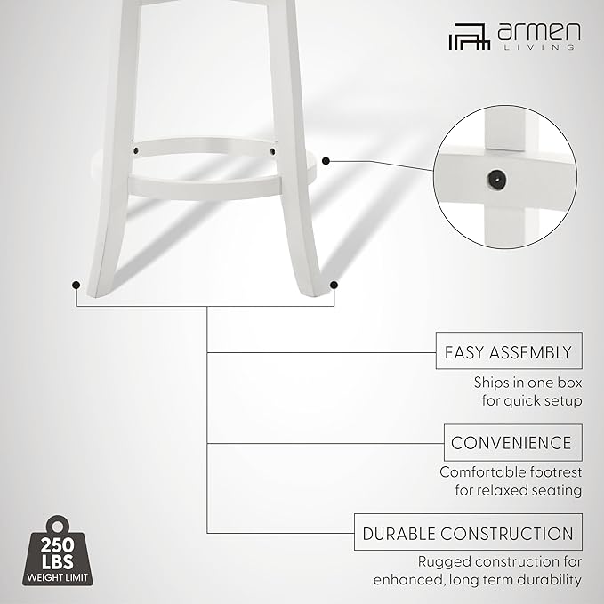 Armen Living Blair 30 in. Matte White Bar Height Rubberwood Swivel Barstool with Fog Fabric Seat - Set of 2