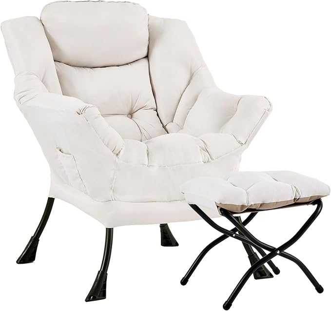 Lazy Chair with Ottoman, Large Modern Lounge Accent Chair with Armrests and Footrest, Reading Armchair with Ottoman, Leisure Sofa Chair for Living Room, Bedroom, Dorm Room, Office(Beige)