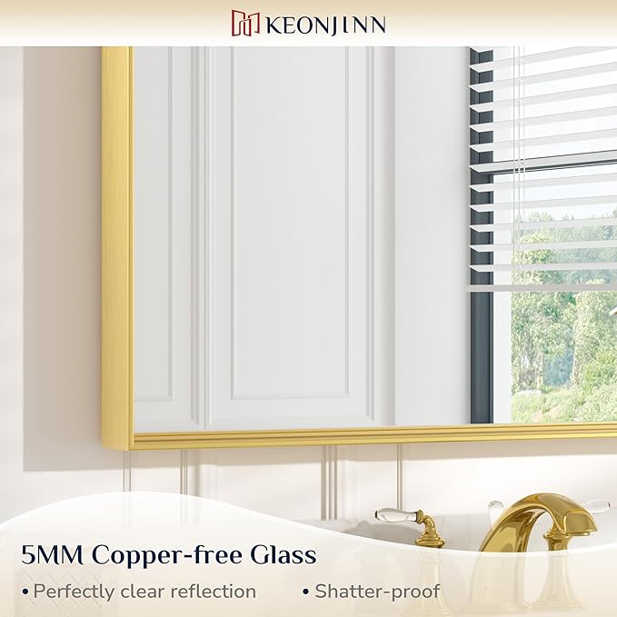 Keonjinn Brushed Gold Bathroom Mirror 36 x 36 Inch Gold Wall Square Mirror Metal Framed Rectangular Mirror for Bathroom Aluminum Alloy Frame Gold Vanity Mirror for Over Sink(Horizontal/Vertical)