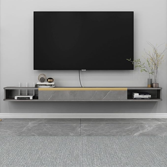 Floating TV Stand, 71'' Wall Mounted Entertainment Center TV Media Console, Floating Shelves with Door, Floating TV Cabinet Large Storage TV Bench for Living Room (Dark Grey, 70.86IN)