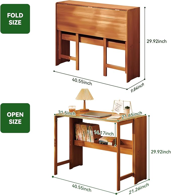 Bamboo Folding Desk Mid Century Modern Desk for Home Office Bedroom Small Spaces, Brown,40.55" Long Desktop