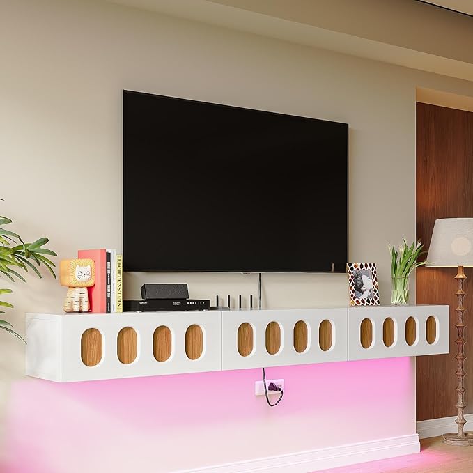 Floaticase Floating TV Stand, 70IN Fully Assembled High Gloss Wall Mounted Entertainment Center with Flip-Down Doors & Drawers, TV Console Under TV Shelf for Bedroom Livingroom