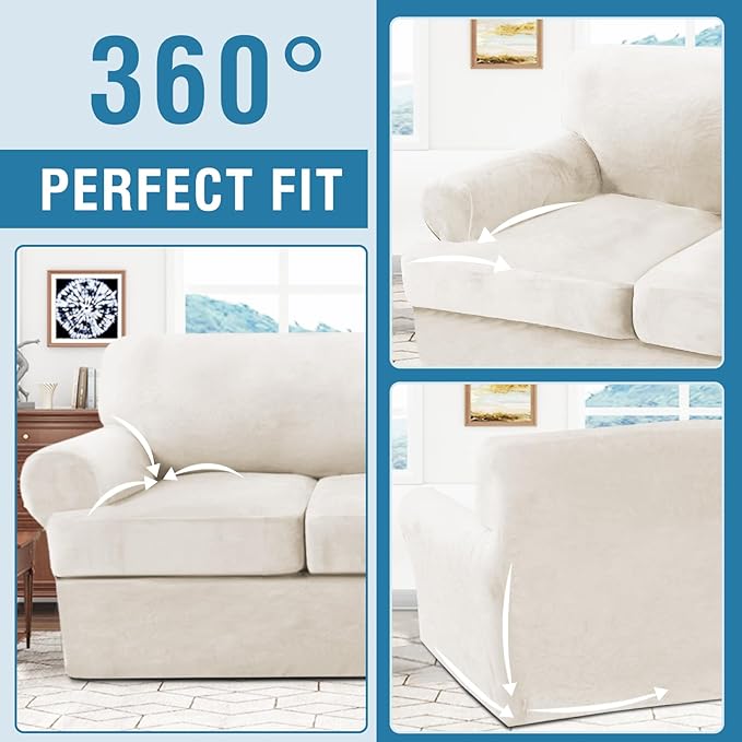H.VERSAILTEX Sofa Cover 3 Piece T Cushion Loveseat Slipcovers Thick Velvet Couch Cover Stretch T Cushion Sofa Covers for 2 Cushion Couch with 2 Individual T Cushion Covers, Porcelain