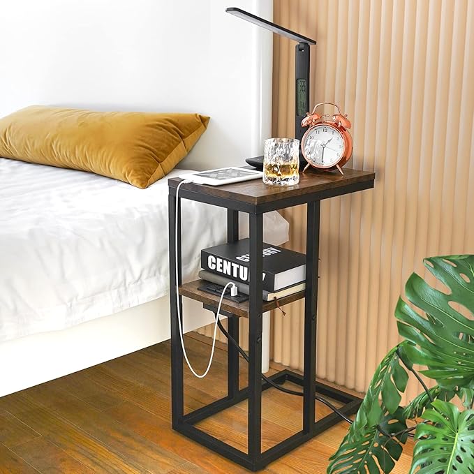 Yoobure C Shaped End Table with Charging Station, Small Side Table for Sofa๏ผ26" Tall Tv Tray Couch Table with Storage,Bedside Table with USB Ports and Outlets for Living Room, Bedroom, Rustic Brown