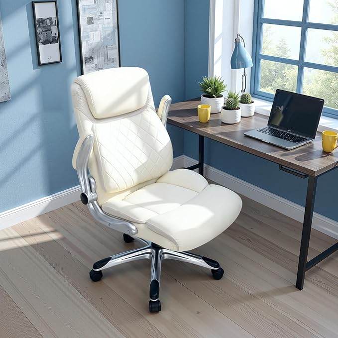 COMHOMA Big and Tall Office Chair, High Back Leather Executive Chair with Pocket Spring Lumbar Support and Flip-up Armrests, Swivel Managerial Office Chair with Adjustable Height, Beige