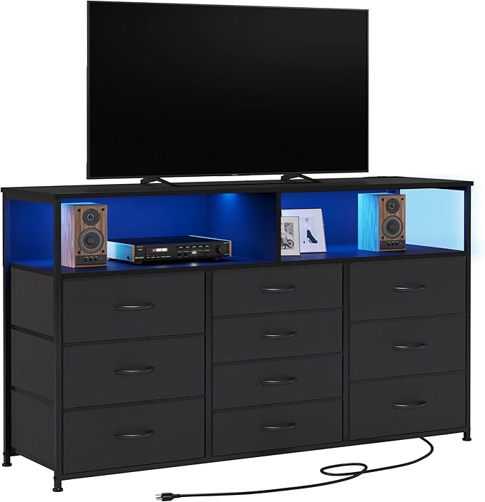 55W 10-Drawers Dresser with 2 Open Storage Shelves, TV Stand Dresser for 55,65 inch TV,with Power Outlets and LED Lights, Fabric Dressers Drawers for Bedroom, Living Room (Black)