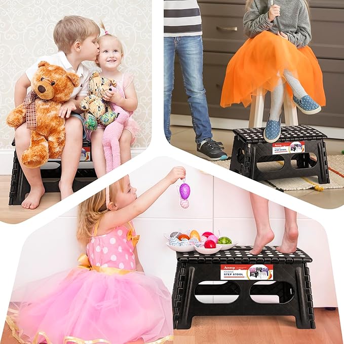 ACSTEP Foldable Step Stool for Kids and Adults,15-Inch Extra Wide 9-Inch Height Step Stool(2 Pack) More Safe and Comfortable Holds Up to 300 lbs Folding Step Stool for Bathroom, Garden, Kitchen(Black)
