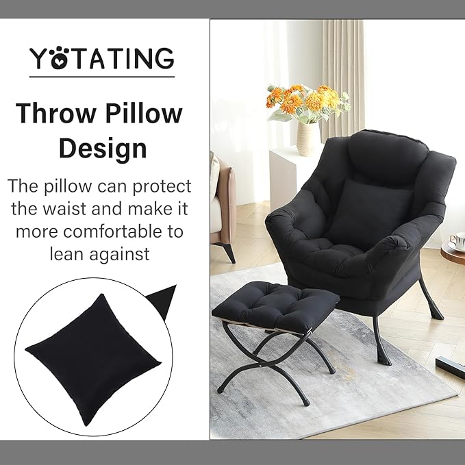 Lazy Chair with Ottoman, Comfy Reading Chair with Footstool & Pillow Modern Lounge Chair with Armrests & Side Pocket for Living Room, Bedroom, Dorm Room,Black
