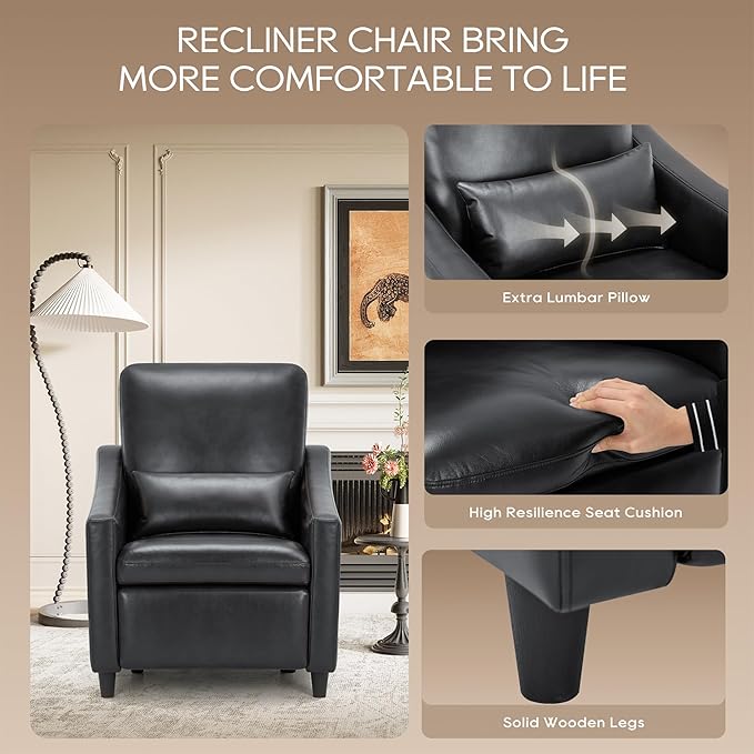 COLAMY Pushback Electric Recliner Chair, Premium Leather Upholstery with Adjustable Angles, Extra Lumbar Pillow, Built-in Charging Port, Business-Casual Style for Living Room(Black