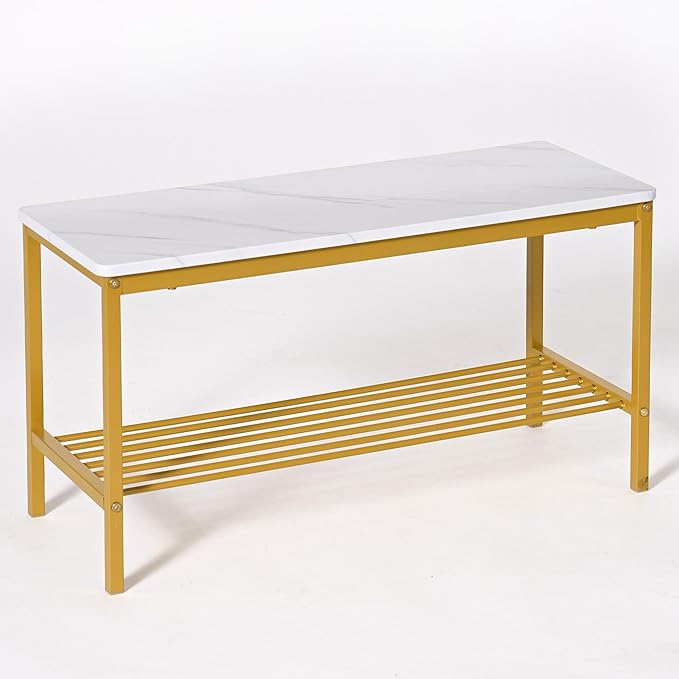 SogesHome Kitchen Table Set for 4, Compact Dining Table Chair Set with Bench, 4 Piece Table with Built-in Storage Racks, Metal Frame, for Apartment, Restaurant, Gold
