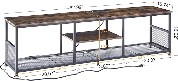 VECELO TV Stand with Power Outlets for Televisions up to 75Inch, 62" Media Entertainment Center with Charging Station 3-Tier Open Storage Shelves with Metal Frame for Living Room/Bedroom,Brown
