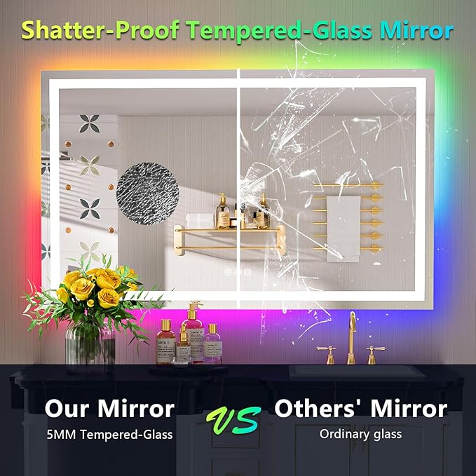 50x32 Inch RGB LED Bathroom Mirror Front Light and RGB Backlit Lighted Vanity Mirror for Bathroom Wall Mounted Dimmable Anti Fog Memory Shatter-Proof IP54 Waterproof Horizontal/Vertical