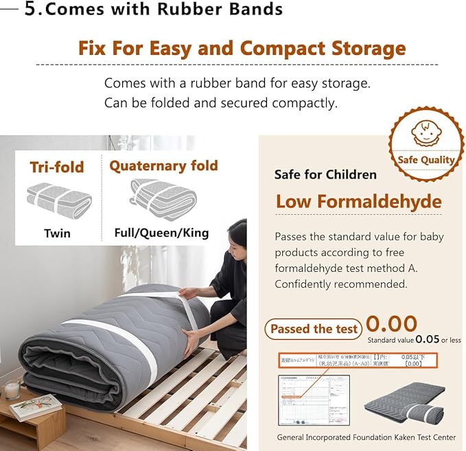 EMOOR Japanese Wool-Blend Padded Futon Mattress GOMA King Dark Gray, Gusset Foldable Sotrable Elastic Bands Floor Sleeping Guest Bed Tatami Mat