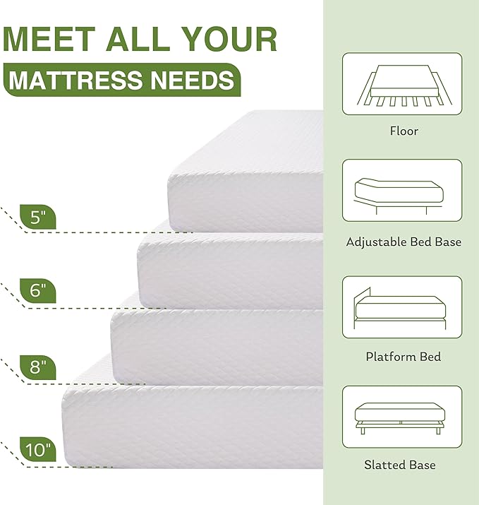 King Size Memory Foam Mattress, 10 Inch Bed Mattress in a Box with Cooling Green Tea Gel, Relieve Pressure with Medium Support, CertiPUR-US Certified, 80''L x 76''W, White
