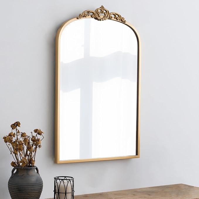 1 Set Vintage Mirror 20x30 Gold Antique Baroque Arched Ornate Traditional Brass Mirror and 8.5x12 Vintage Vanity Makeup Desk Table Mirror for Bathroom Entryway Living Room Hallway Fireplace