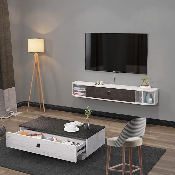 Pmnianhua Floating TV Stand,63'' Under TV Shelf,Modern Floating TV Console,Wall Mounted TV Cabinet,Floating Entertainment Center with Storage for Bedroom Living Room(Gray-White)