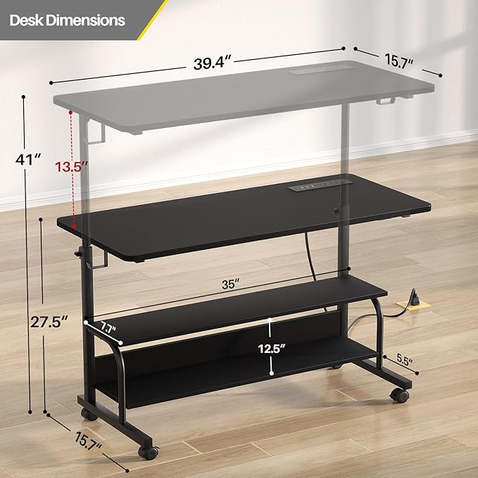Armocity Height Adjustable Standing Desk with Power Outlets, 39" Manual Stand Up Desk with Storage Shelves Small Mobile Rolling Computer Desk Portable Laptop Table with Wheels for Home Office, Black