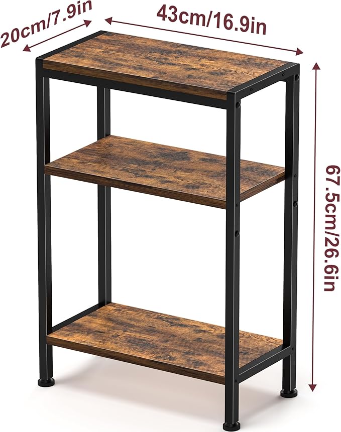 Narrow Side Table for Small Space Set of 2, 3-Tier Small End Table with Shelf Holder, Slim Nightstand, Skinny Snack Couch Table in Living Room, Bedroom, Study, Kitchen and Balcony(Rustic Brown