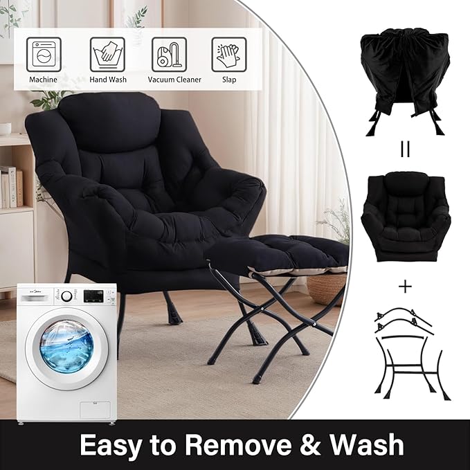 Lazy Chair with Ottoman, Large Modern Lounge Accent Chair with Armrests and Footrest, Reading Armchair with Ottoman, Leisure Sofa Chair for Living Room, Bedroom, Dorm Room, Office(Black)
