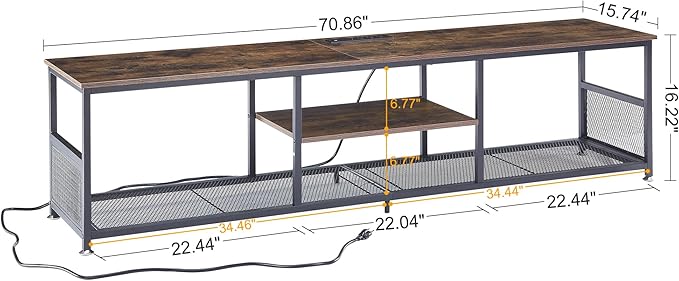 VECELO TV Stand with Power Outlets for Televisions up to 80 Inch,70" Media Entertainment Center with Charging Station 3-Tier Open Storage Shelves with Metal Frame for Living Room/Bedroom,Brown