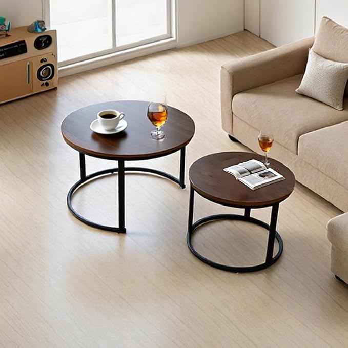 FAHKNS Nesting Coffee Table Set of 2, 27.56" & 19.68" Round Simple Industrial Side Tables for Living Room with Wood Top & Metal Base, Space-Saving Furniture for Small Spaces