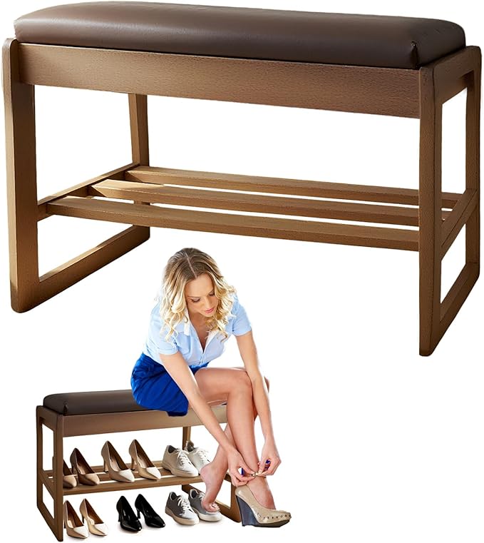 2-Tier Wood Shoe Bench with Flip-Top Storage Cabinet, 31.5", Entryway Bench with Shoe Storage, Front Door Shoe Rack(Walnut)