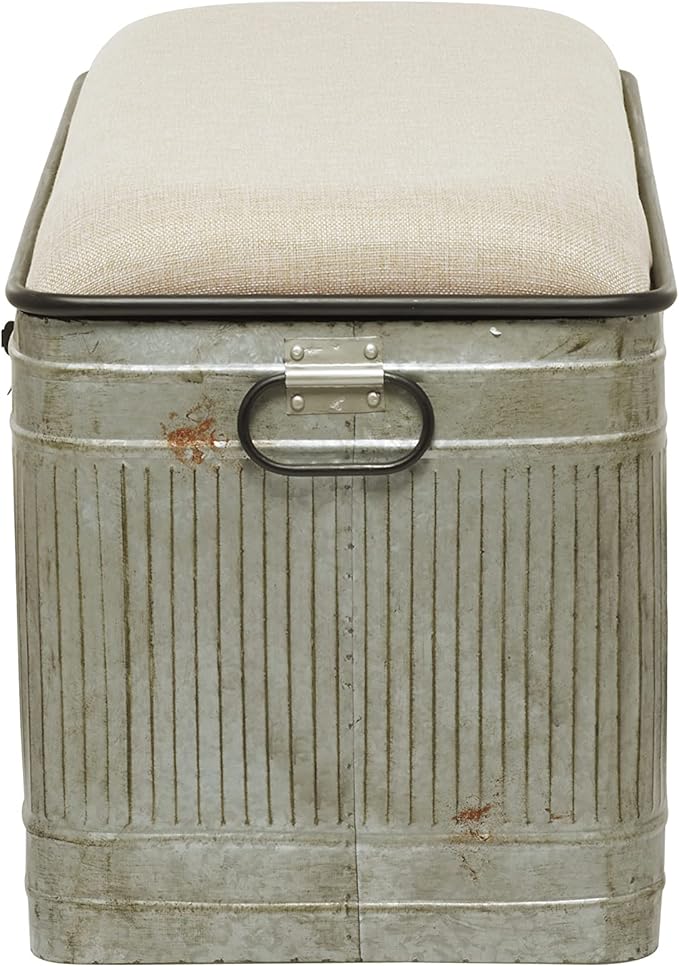 Deco 79 Metal Room Storage Bench Galvanized Entryway Bench with Cream Burlap Top and Black Latches, Bench 38" x 16" x 19", Gray