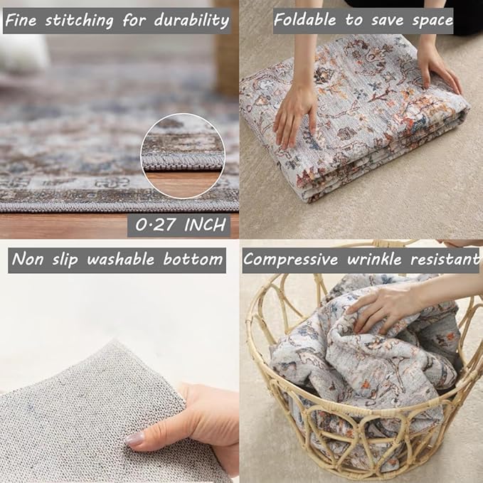 5x7 Washable Thin Foldable Area Rug Gray Vintage Rug Traditional Floor Cover Retro Kitchen Indoor Distressed Non Slip Carpet Floral Print Mat Bedroom Living Room