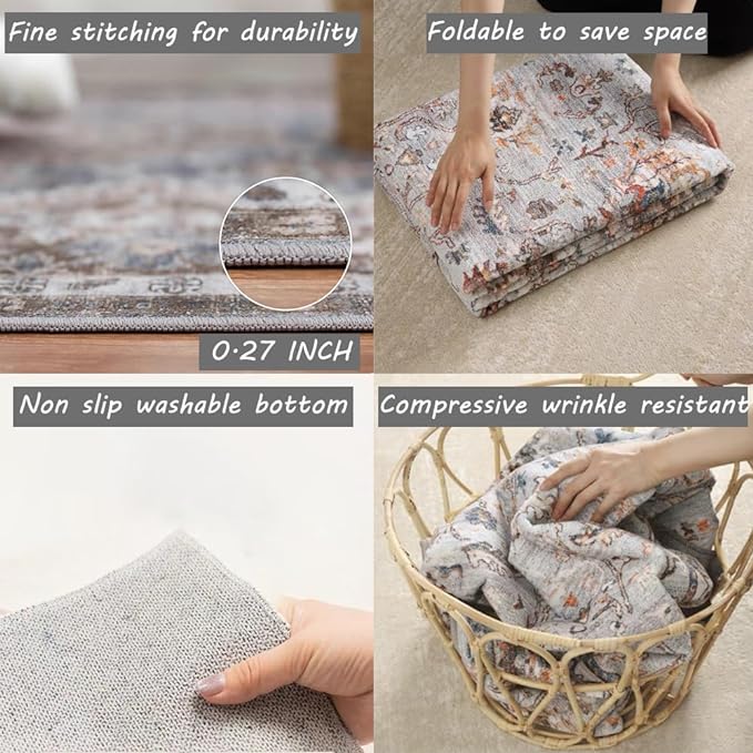 2x3 Washable Area Rug Door Mat Vintage Distressed Tangerine Taupe Rug Doormat Indoor Entrance Thin Rug Floral Print Non Slip Carpet Kitchen Bathroom Bedroom Living Room