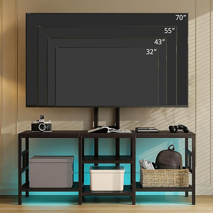 LUCKLIFE TV Stand with Charging Station for TVs up to 70 Inch,Entertainment Center with LED Light and Open Storage Shelves,Modern Media Console Table for Living Room,Bedroom,Modern Black