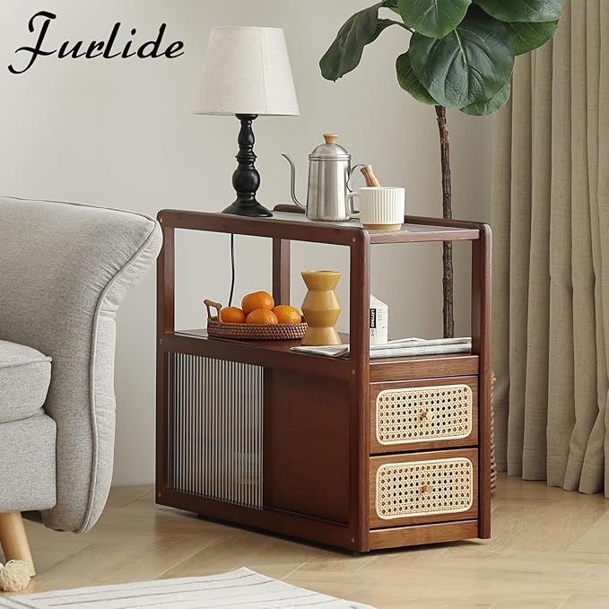 Rattan Nightstand Side Table with Storage, Bamboo Nightstand Bedside Table, Glass Mid Century Modern End Tables for Small Spaces, Living Room, Bedroom,Walnut