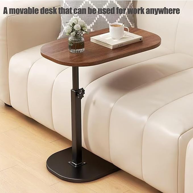 Pedestal C-Shaped Adjustable Small End Tables for Small Spaces Side Table,Desktop can Turn 360° and The Height of The Sofa Side Table can be Adjusted(Walnut Desktop + Black Bottom)