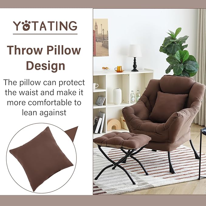 Lazy Chair with Ottoman, Comfy Reading Chair with Footstool & Pillow Modern Lounge Chair with Armrests & Side Pocket for Living Room, Bedroom, Dorm Room,Dark Brown