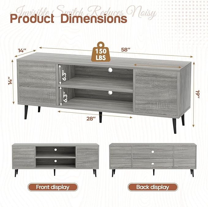 YESHOMY Modern TV Stand for 65" Television, Entertainment Center with Two Storage Cabinets, Retro Style Media Console for Living Room, Bedroom, Office, 58 Inch, Gray