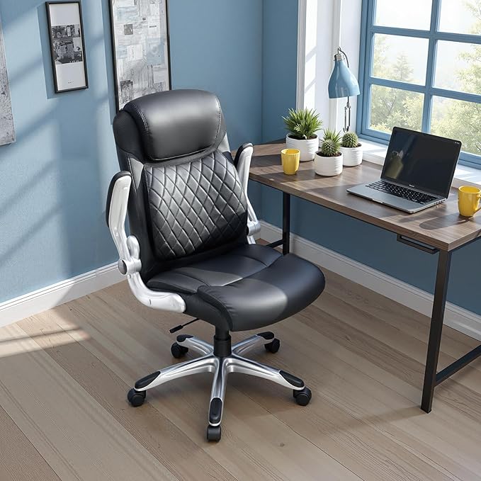 COMHOMA Big and Tall Office Chair, High Back Leather Executive Chair with Pocket Spring Lumbar Support and Flip-up Armrests, Swivel Managerial Office Chair with Adjustable Height, Black